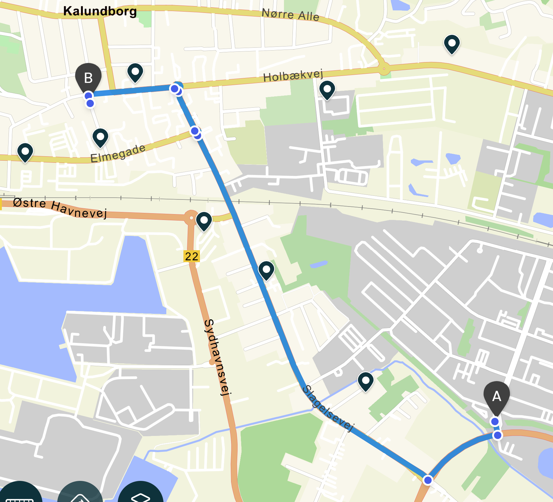 Krak route from Novo Nordisk on Hallas Allé to Margrethevej in Kalundborg